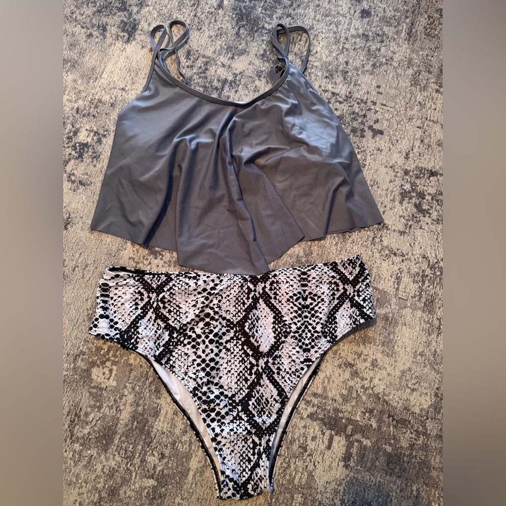 Gray Tankini Top with Snake Print Bottoms